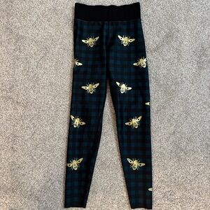 Ultracor Women's Size S Bee Yourself Black & Blue Plaid Leggings Gold Bees